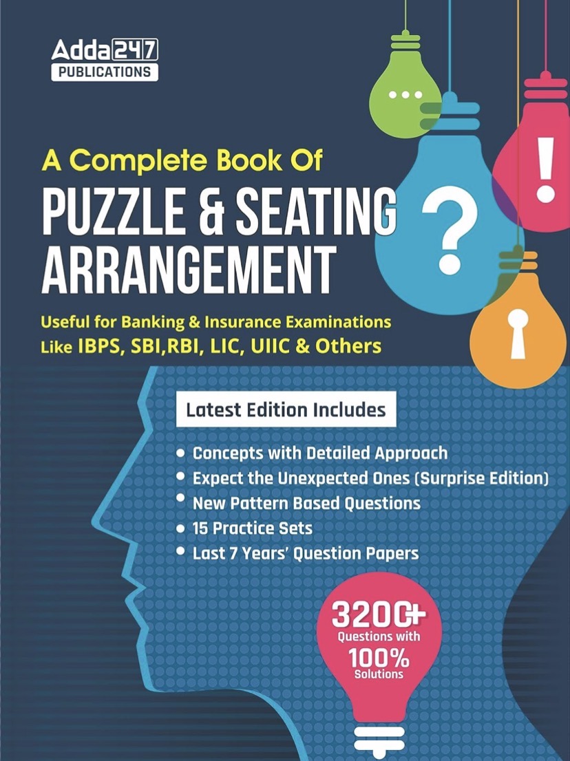 The cover of "A Complete Book of Puzzles & Seating Arrangement" by Adda247, featuring a blue background, colourful lightbulbs, and promising 3200+ questions