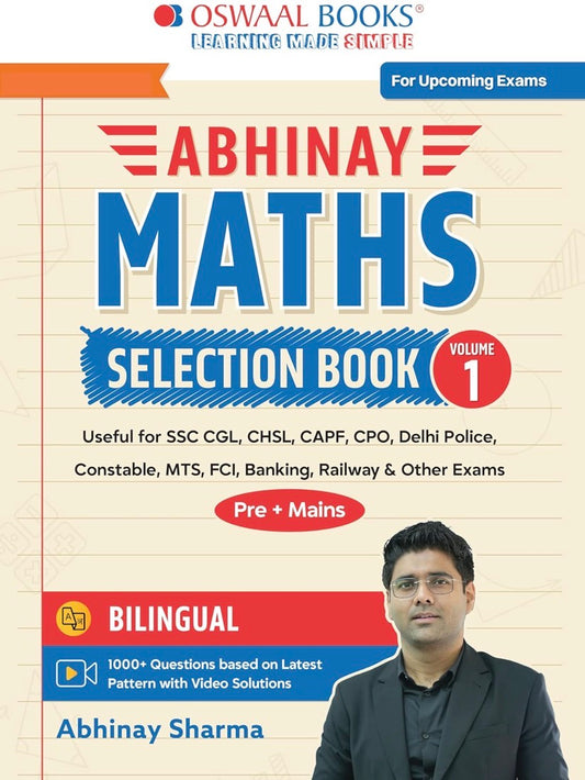 The cover of "Abhinay Maths Selection Book - Vol. 1" by Abhinay Sharma, published by Oswaal Books, featuring the author and promising 1000+ bilingual questions.