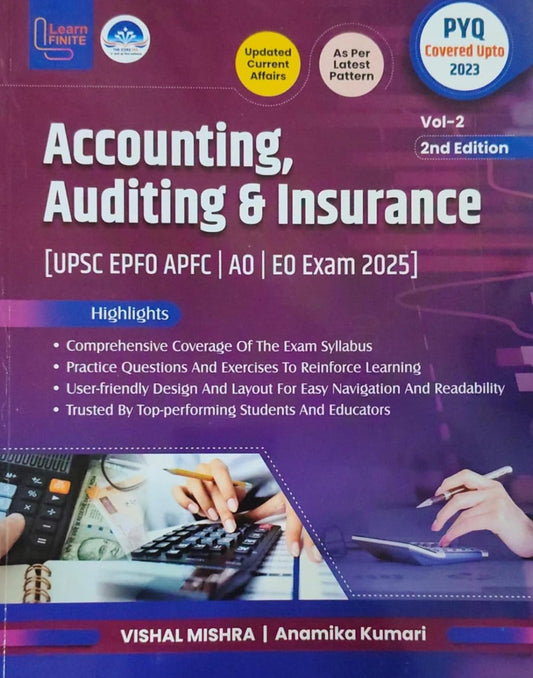 Cover of Accounting, Auditing & Insurance UPSC EPFO APFC AO EO Exam 2025 guide by Vishal Mishra and Anamika Kumari, 2nd edition with PYQs.