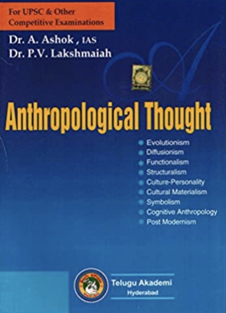 Blue book cover for Anthropological Thought by Dr. A. Ashok and Dr. P.V. Lakshmaiah featuring a list of topics like Evolutionism and Structuralism.