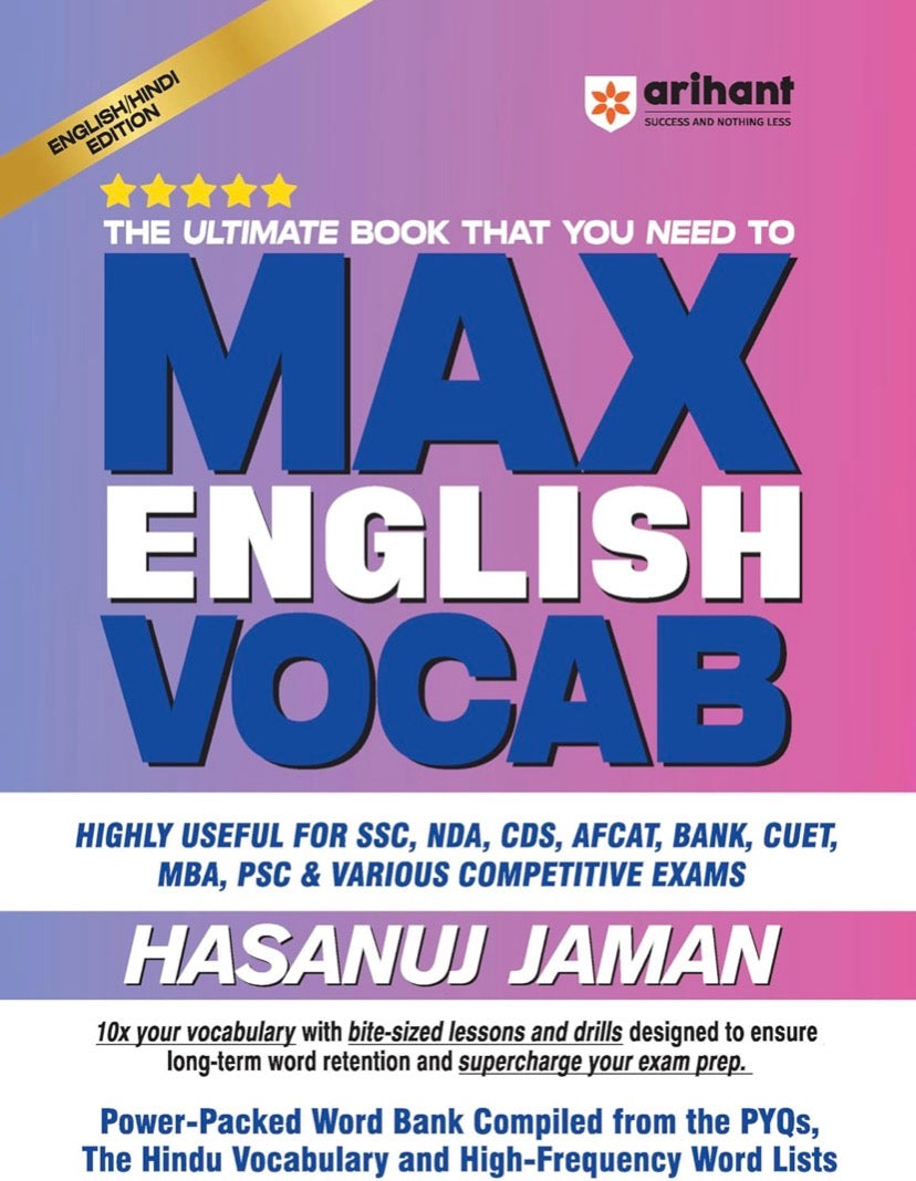 The cover of "Arihant Max English Vocab" by Hasanuj Zaman, a blue and white English/Hindi edition for competitive exams like SSC, NDA, and Bank.