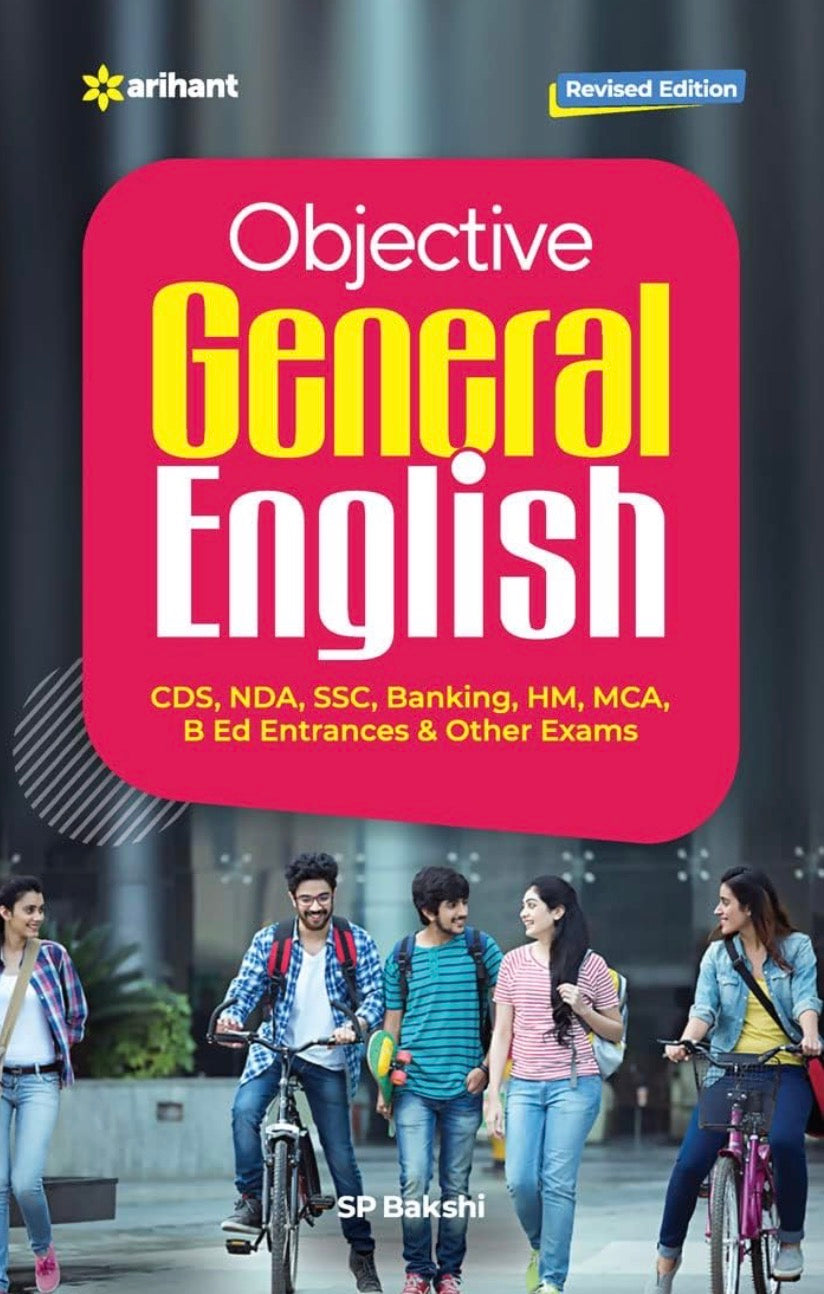 Cover of Arihant’s Objective General English by S.P. Bakshi showing students walking and cycling, designed for SSC, CDS, and Banking exams.