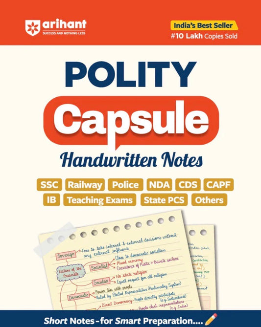 Cover of Arihant’s Polity Capsule Handwritten Notes showing colourful short notes on Indian polity for competitive exam preparation.