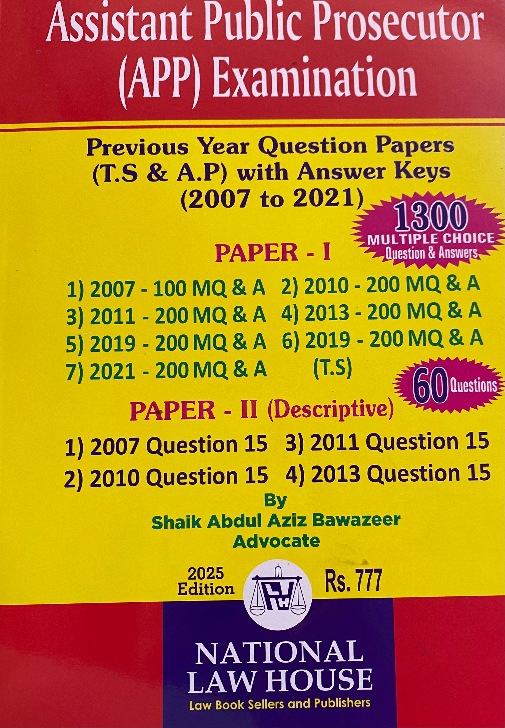 Assistant Public Prosecutor Exam Previous Papers 2007–2021 with 1300 MCQs and descriptive sets by Shaik Abdul Aziz Bawazeer; shop on vaacho.com.