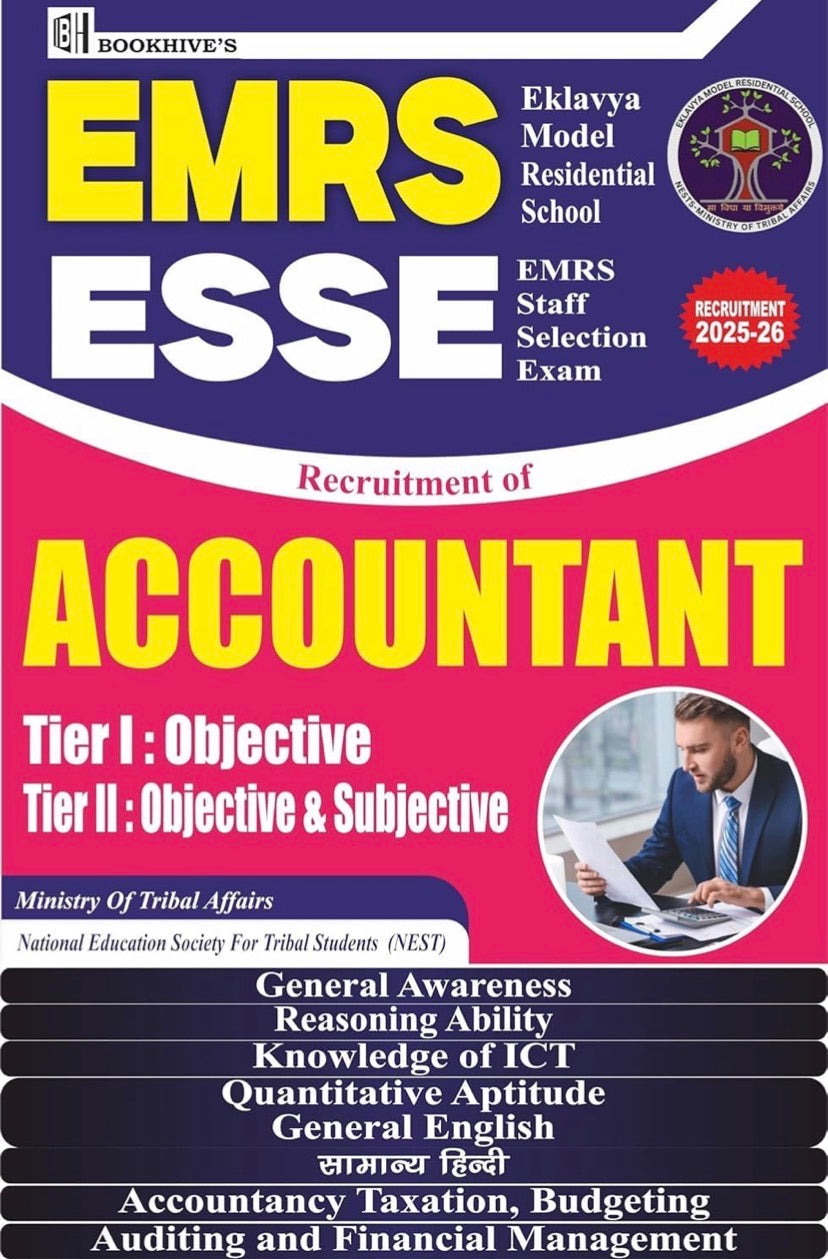 Cover of Bookhive’s EMRS ESSE Accountant Recruitment Guide for 2025–26 showing exam subjects and bold pink-blue layout.