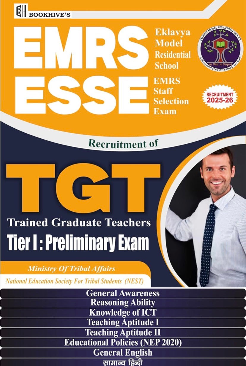 Cover of Bookhive’s EMRS ESSE TGT Recruitment Guide for 2025–26 showing smiling teacher image and bold orange-blue design.