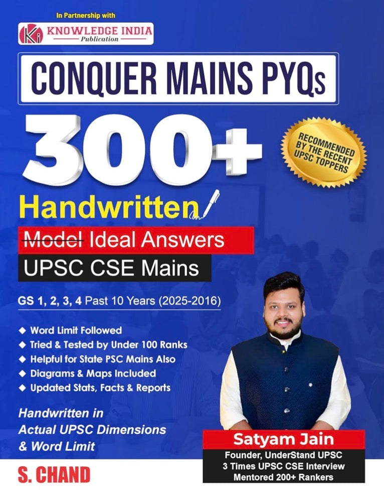 A blue educational book cover titled Conquer Mains PYQs by Satyam Jain featuring large text 300+ Handwritten and a photograph of the author in a navy vest.