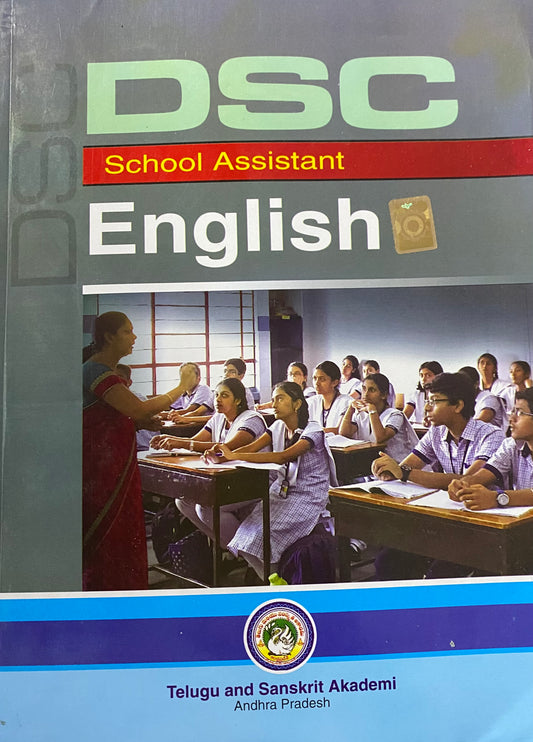 The cover of the "DSC School Assistant English" textbook by the Telugu and Sanskrit Akademi, showing a teacher in a classroom of students.