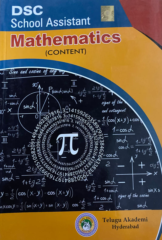 Cover of DSC School Assistant Mathematics Content book by Telugu Akademi, featuring formulas, trigonometric diagrams, and the pi symbol on a blackboard background.