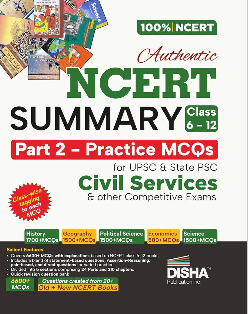 Cover of Disha Authentic NCERT Summary Part 2 Practice MCQs for Classes 6–12, featuring subjects and competitive exam preparation focus.