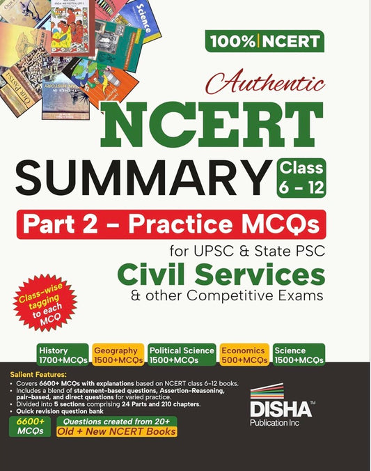 Cover of Disha Authentic NCERT Summary Part 2 Practice MCQs for Classes 6–12, featuring subjects and competitive exam preparation focus.