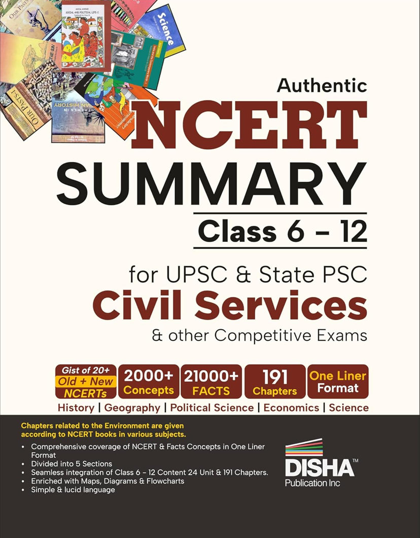 Cover of Authentic NCERT Summary Class 6–12 by Disha Publication for UPSC and State PSC, highlighting concepts, facts, and one-liner format.