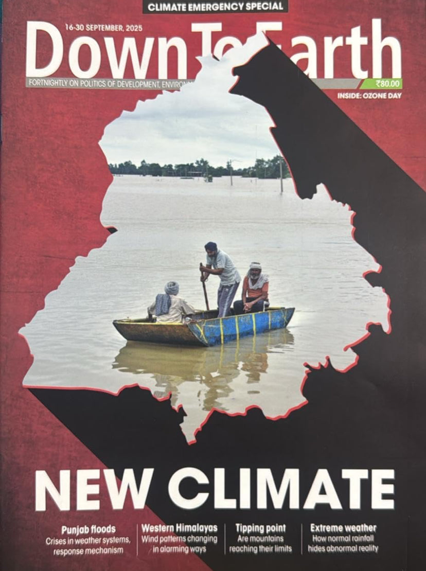 Magazine cover titled 'Down To Earth' with a map of India and people in a boat, featuring climate change theme.
