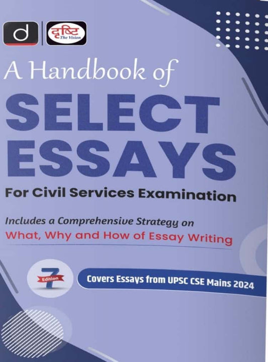 Book titled 'A Handbook of Select Essays for Civil Services Examination' on a blue background