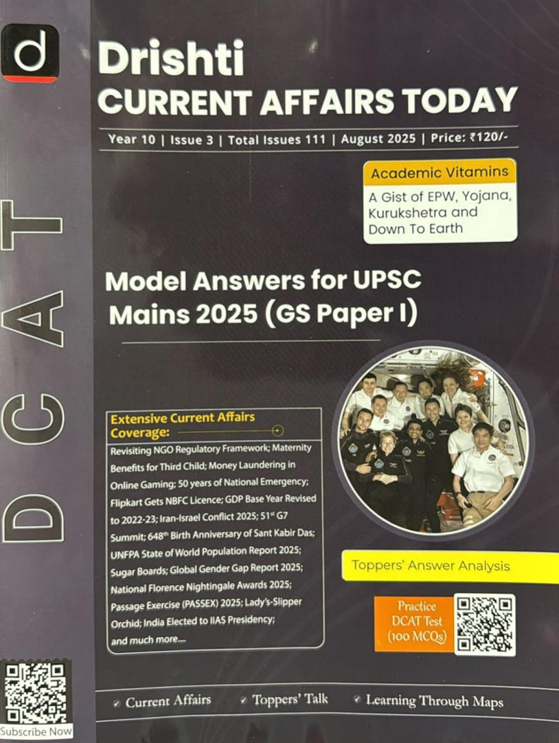 Book cover of 'Drishti Current Affairs Today' with text and a photo of people on a dark background.