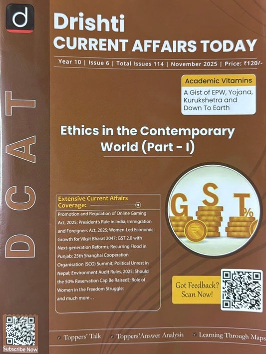 Cover of Drishti Current Affairs Today November 2025 issue featuring the theme “Ethics in the Contemporary World (Part I)” with GST coin imagery.