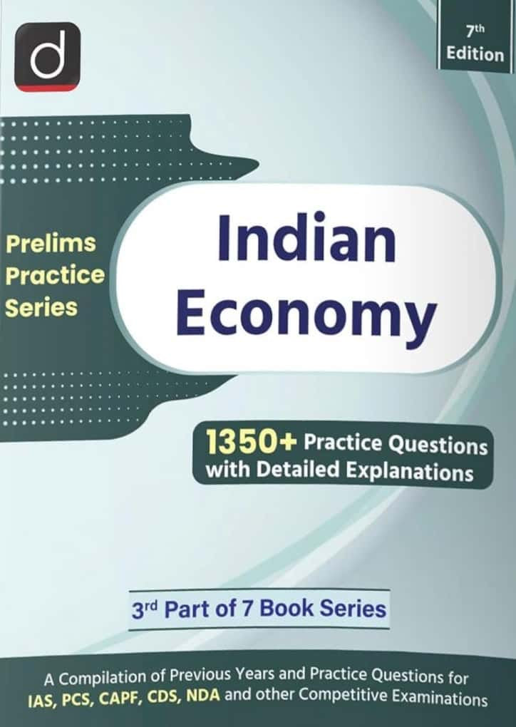 The cover of "Drishti Prelims Practice Series: Indian Economy," 7th Edition, featuring a clean white and blue design highlighting "1350+ Practice Questions