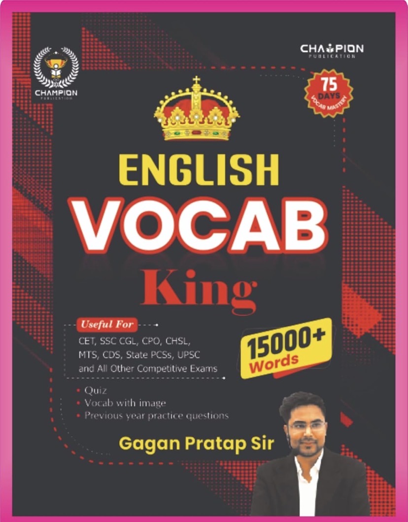 Cover of the book "English Vocab King" by Gagan Pratap Sir, highlighting 15000+ words, exam preparation focus, and a crown graphic.