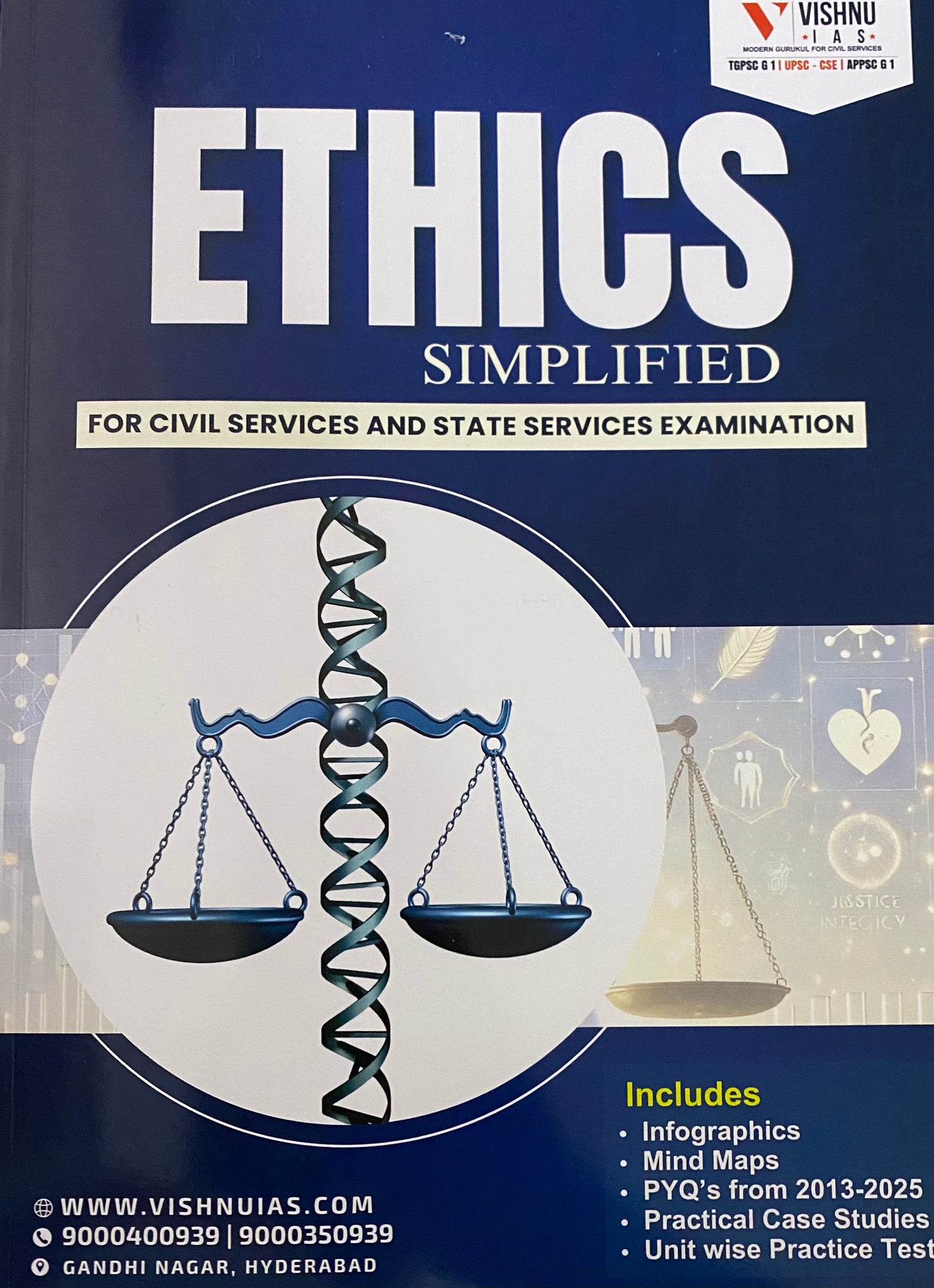 Book cover for Ethics Simplified by Vishnu IAS featuring a deep blue background with a central graphic of a DNA helix transforming into a balance scale.
