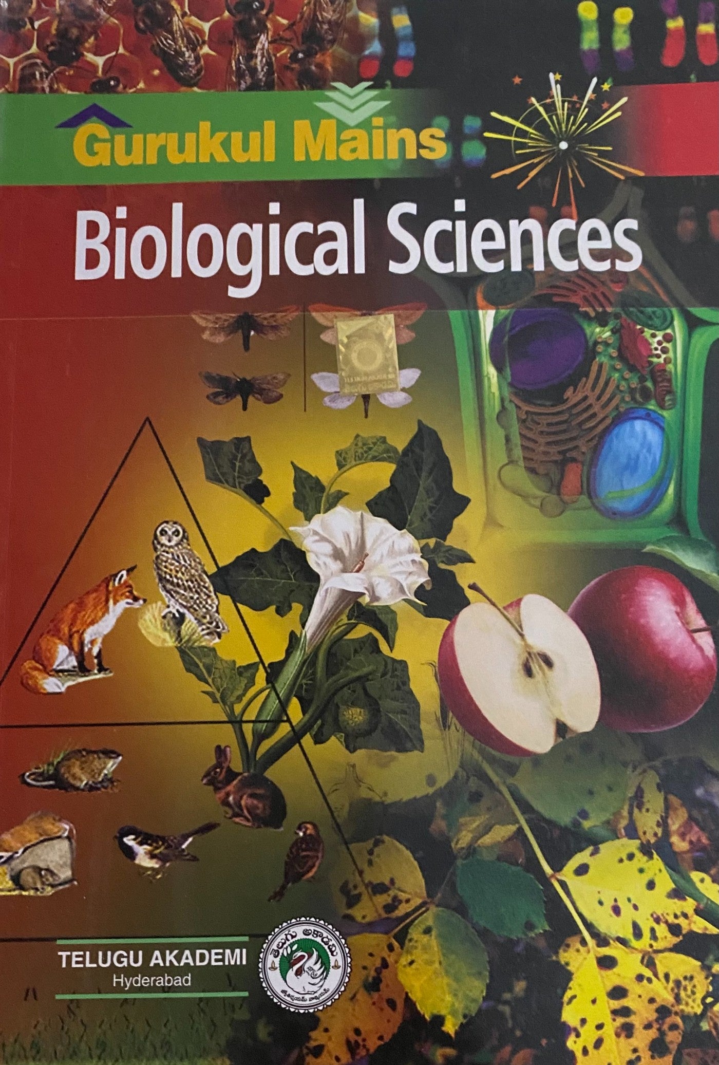 Cover of Gurukul Mains: Biological Sciences by Telugu Akademi featuring animals, plants, cells, and natural ecosystem imagery.