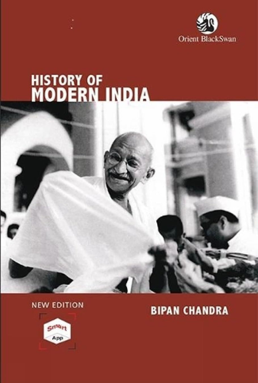 Cover of History of Modern India book by Bipan Chandra featuring Mahatma Gandhi in a black-and-white photograph.