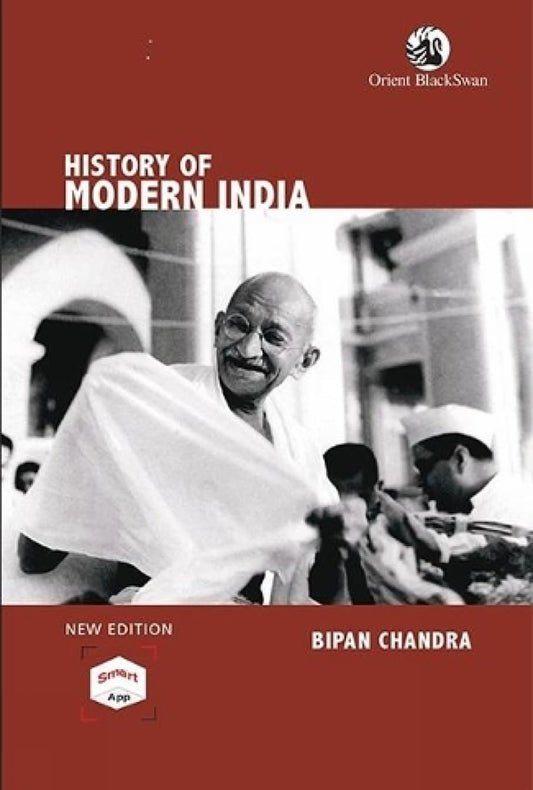 Cover of History of Modern India book by Bipan Chandra featuring Mahatma Gandhi in a black-and-white photograph.