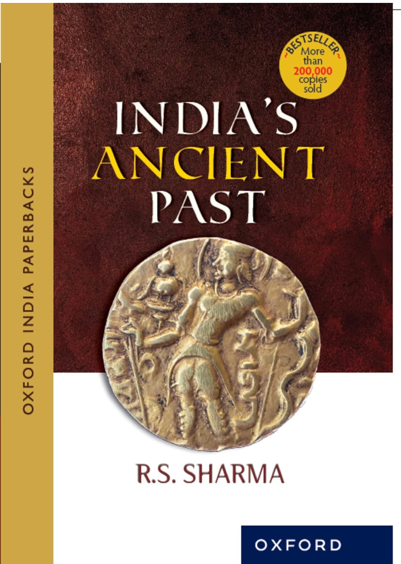 Cover of India’s Ancient Past book by R.S. Sharma featuring an ancient coin design on a maroon background.
