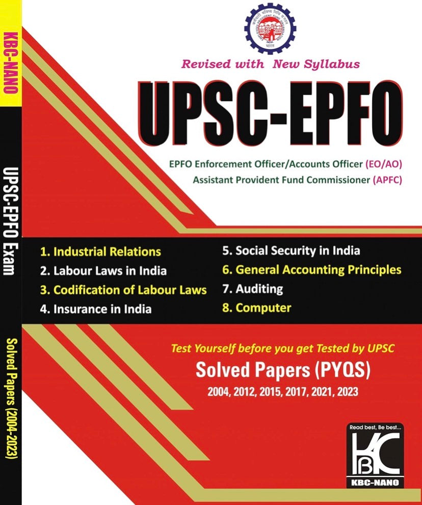 Cover of KBC-Nano UPSC EPFO Solved Papers book with topics, revised syllabus, and past year question papers from 2004 to 2023.