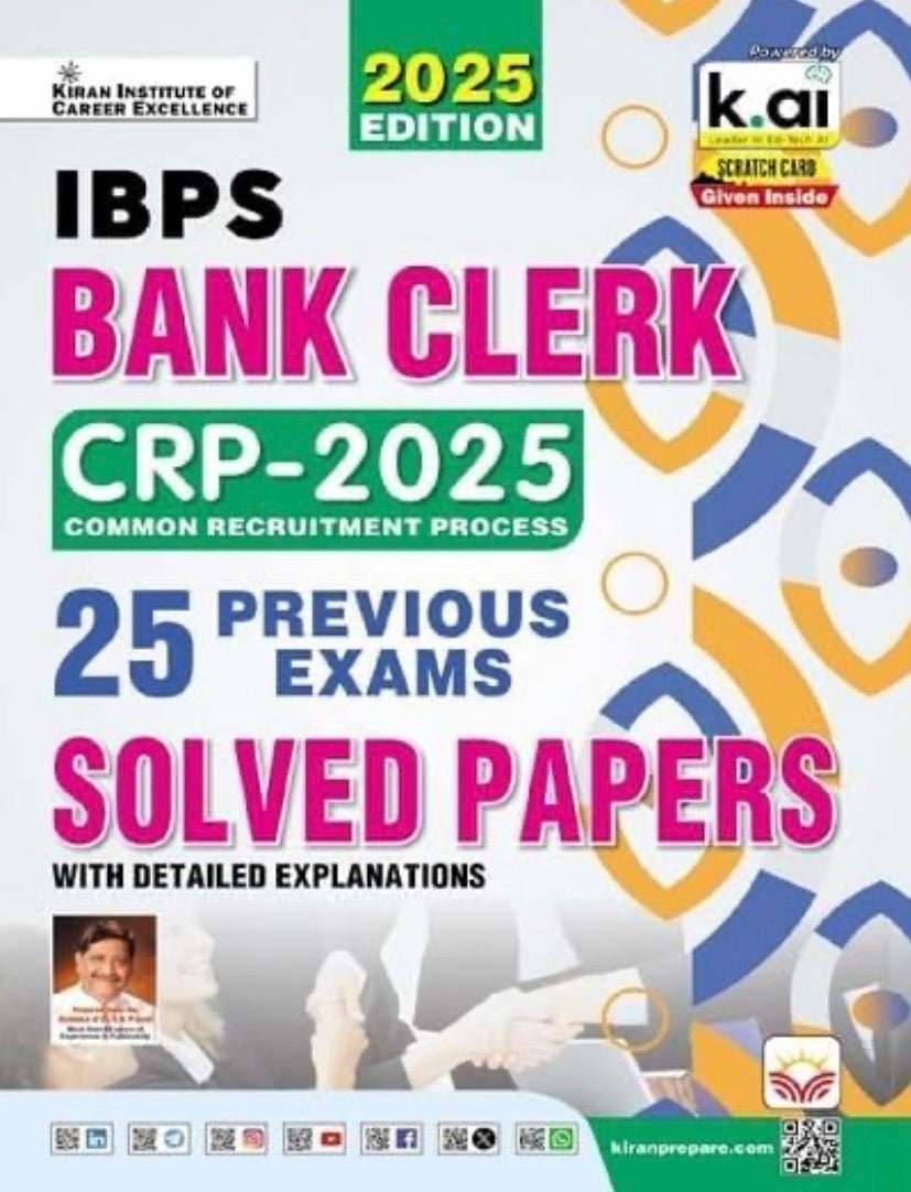 Cover of "IBPS Bank Clerk CRP-2025 Solved Papers 2025 Edition" by Kiran Institute, featuring 25 previous exams with detailed explanations.