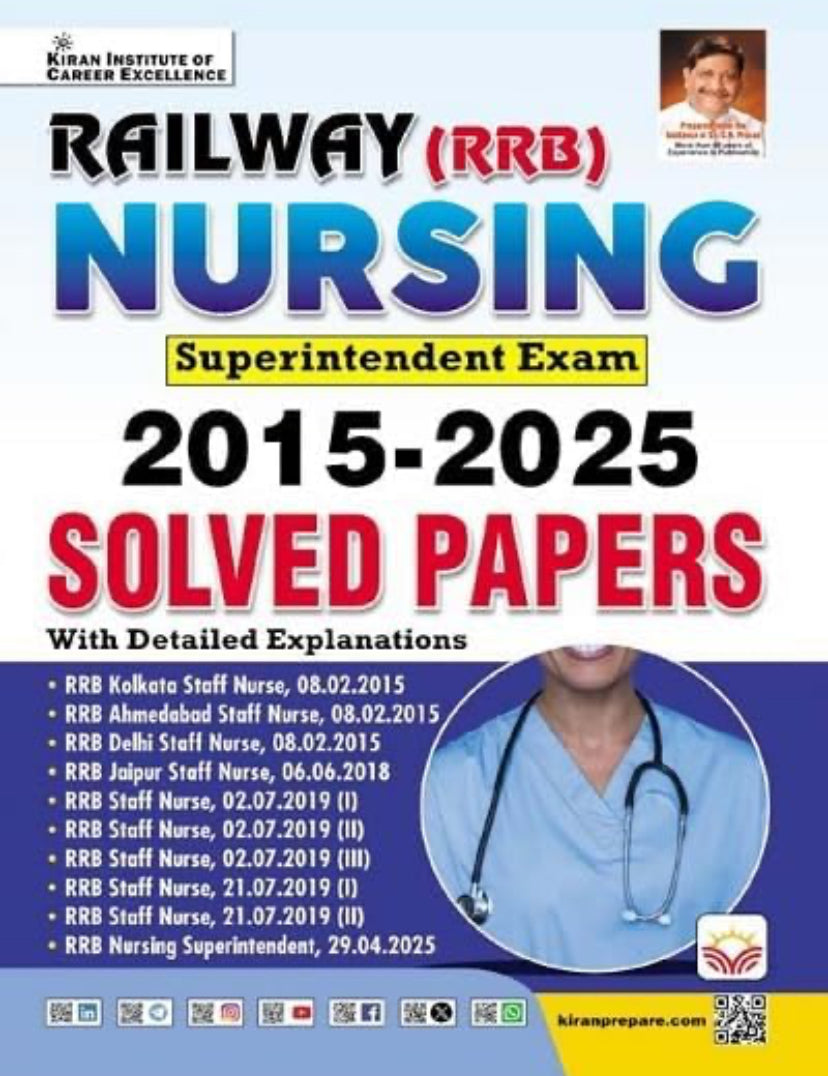Book cover of 'Railway (RRB) Nursing Superintendent Exam 2015-2025 Solved Papers' with a person wearing a stethoscope.