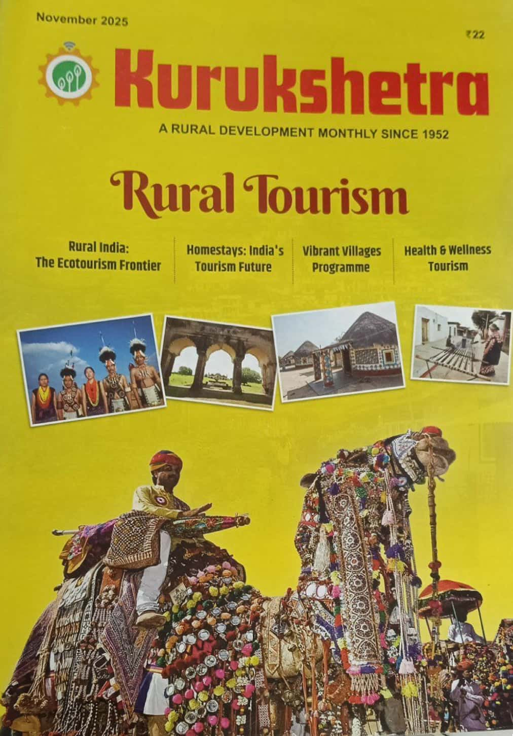 The cover of the "Kurukshetra" English magazine for November 2025, featuring a special issue on "Rural Tourism" with a large image of a decorated camel