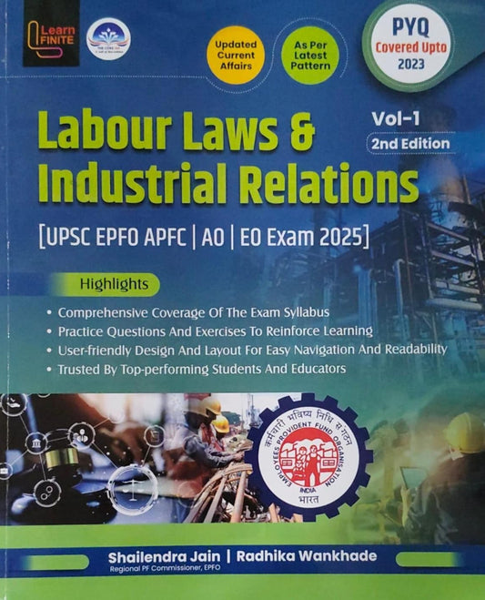 Cover of Labour Laws & Industrial Relations UPSC EPFO APFC AO EO Exam 2025 guide by Shailendra Jain and Radhika Wankhade, 2nd edition with PYQs.