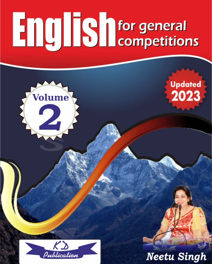 Cover of English for General Competitions Volume 2 by Neetu Singh featuring mountain backdrop and author image, updated 2023 edition.