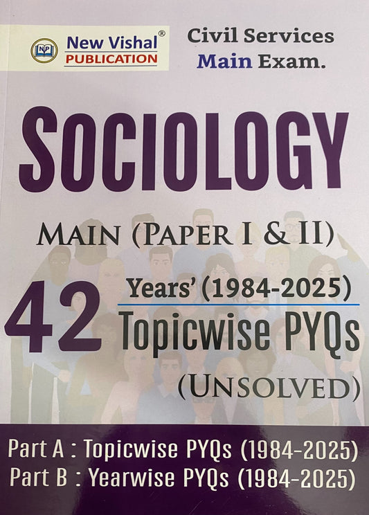 Cover of Sociology Mains (Paper I & II) 42 Years’ Topicwise PYQs by New Vishal Publication for UPSC Civil Services, featuring silhouettes of diverse people.