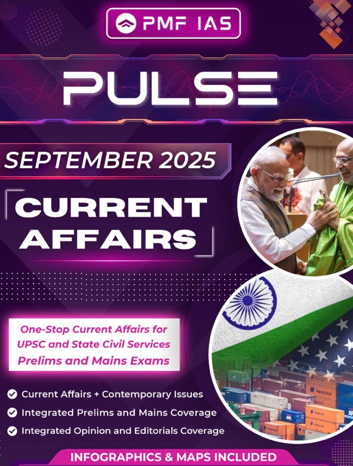 Cover of PMF IAS Pulse September 2025 Current Affairs magazine showing India flag, leaders’ image, and bold purple design.