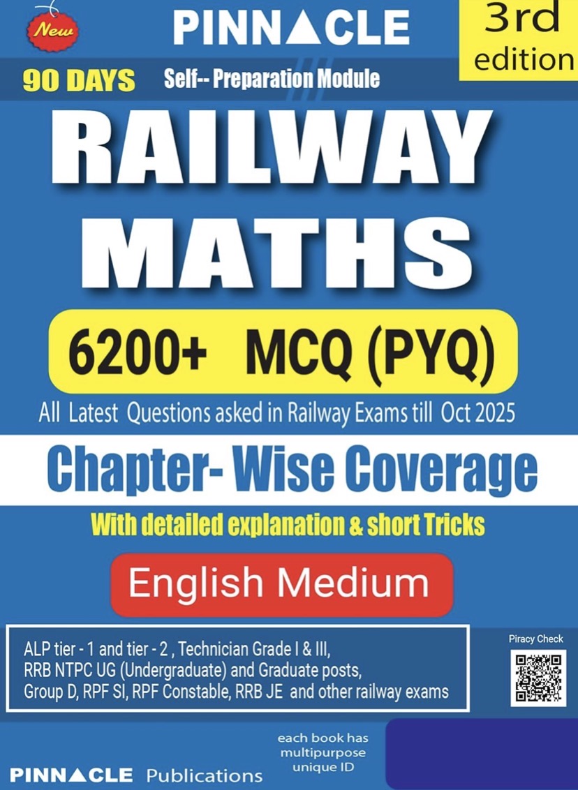 The cover of "Pinnacle Railway Maths 6200+ MCQs" (3rd Edition) in English Medium, highlighting "Chapter Wise Coverage" and "Detailed Explanations" for RRB exams.