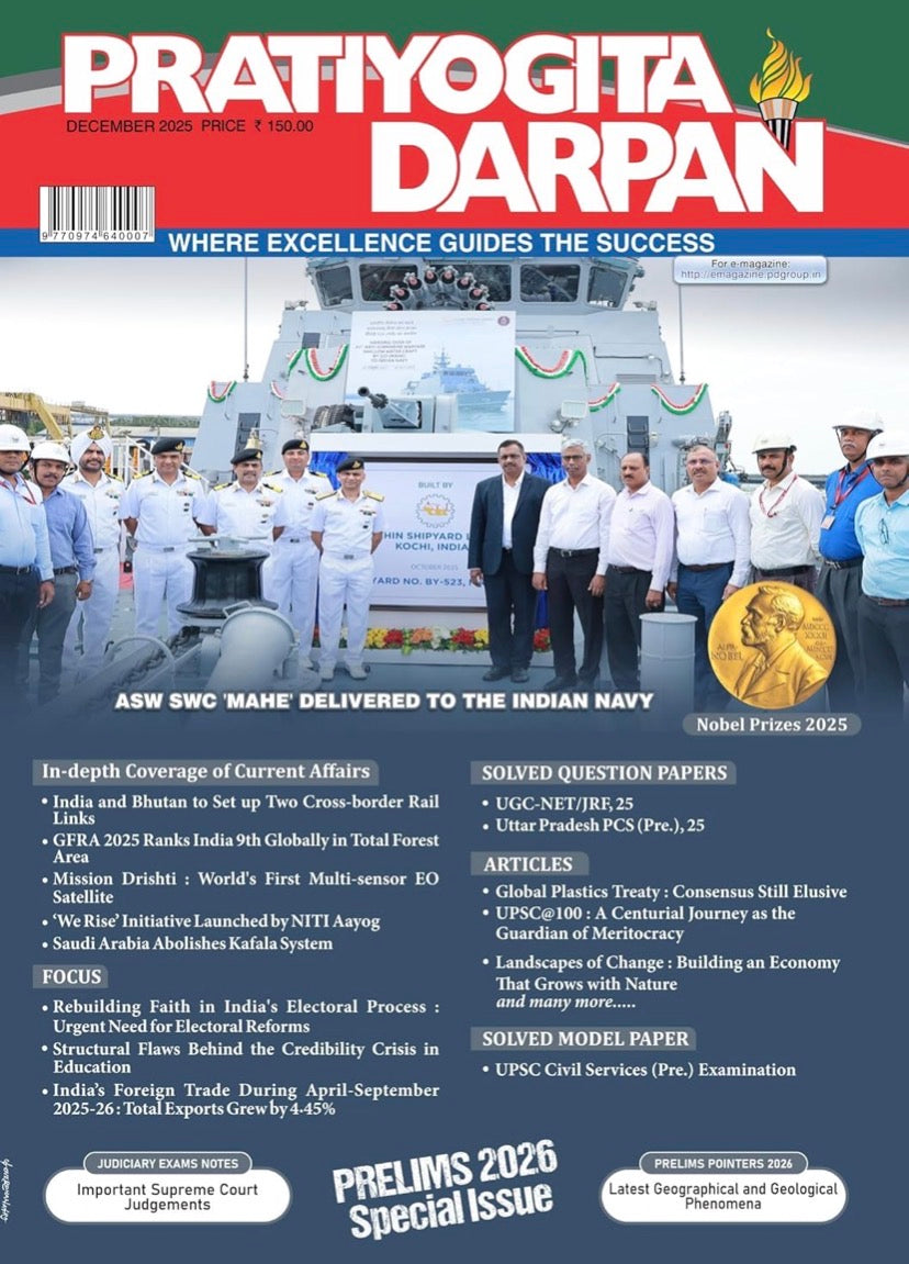 The cover of the "Pratiyogita Darpan" English magazine for December 2025, featuring the Nobel Prizes 2025 and a "Prelims 2026 Special Issue.