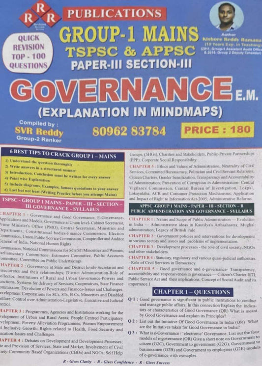 Cover of Group-1 Mains TSPSC & APPSC Governance (Explanation in Mindmaps) by RRR Publications featuring syllabus highlights, tips, and bright visual layout.