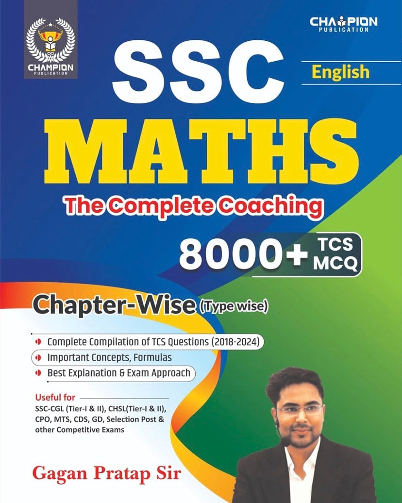 The cover of "SSC MATHS: The Complete Coaching" by Gagan Pratap Sir, a Champion Publication guide with 8000+ TCS MCQs for SSC CGL, CHSL, and other exams.