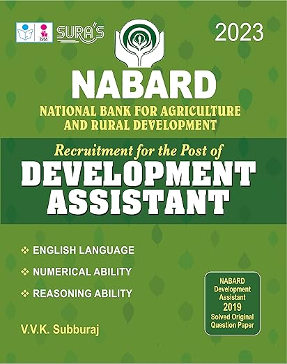 Book cover of Sura’s NABARD Development Assistant 2023 guide by V.V.K. Subburaj in green, featuring subject highlights and solved paper note.