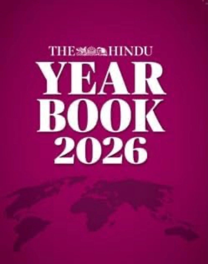 Deep magenta book cover of The Hindu Yearbook 2026 featuring bold white typography and a dark silhouette of a world map at the bottom.