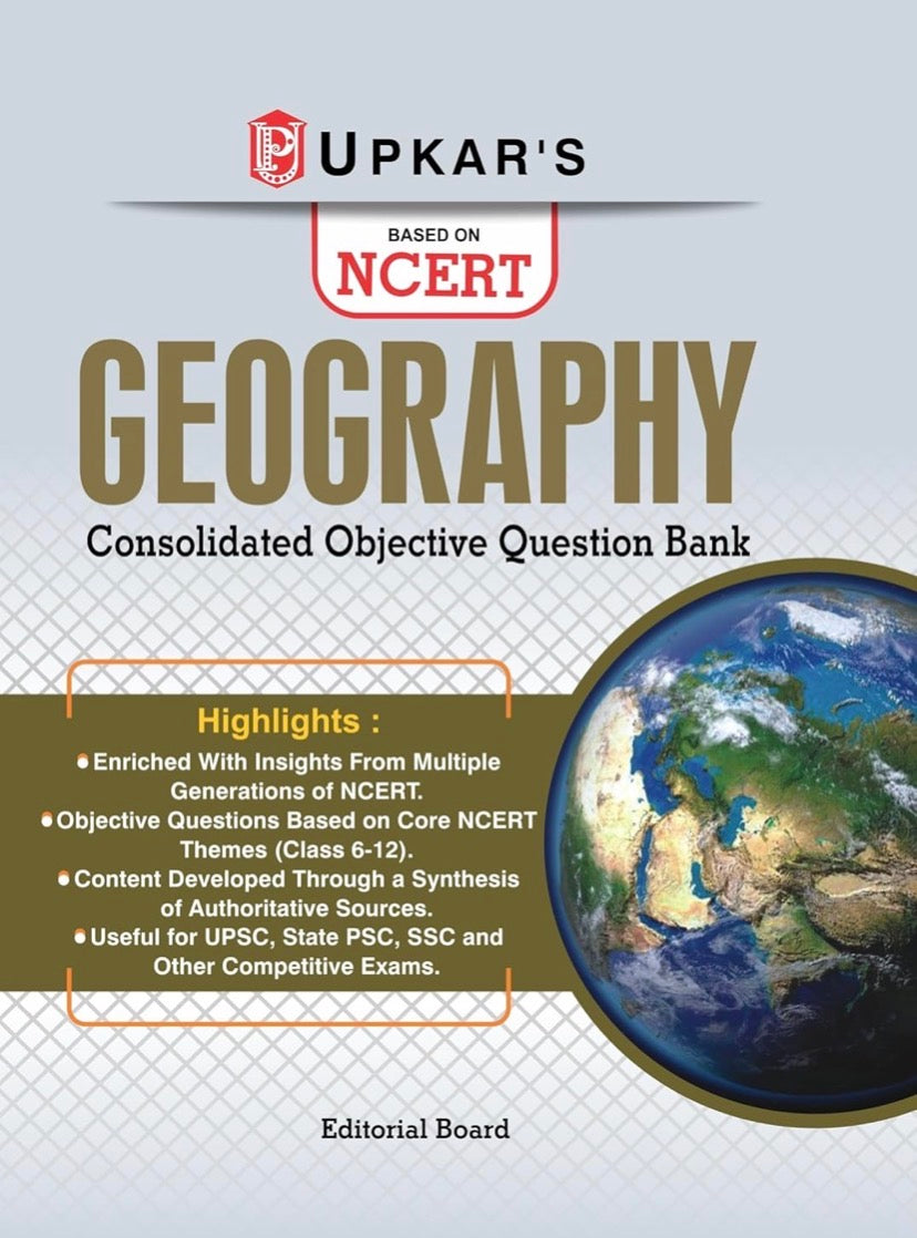 The book cover displays the title Upkar's Geography Consolidated Objective Question Bank in brown and red typography against a light grey grid background, featuring a realistic globe illustration on the right side.