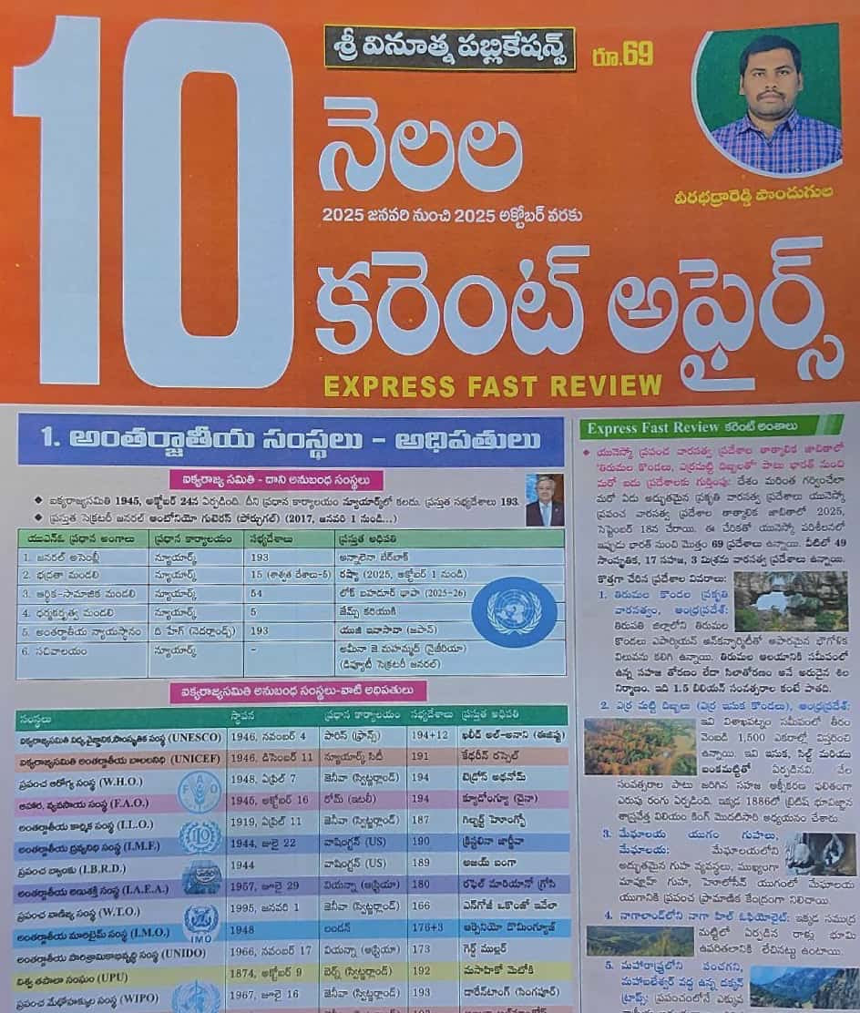 Cover of Vinuthna Publications 10 Months Current Affairs Express Fast Review (Jan–Oct 2025) Telugu edition featuring chart-based summaries for exams.