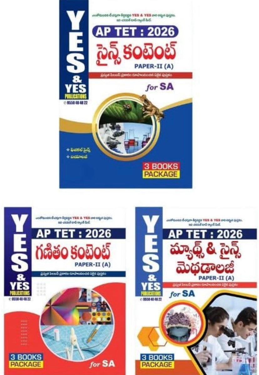 The covers of the "Yes and Yes AP TET 2026 Paper 2A" 3-book set for School Assistant (Maths & Science) in Telugu medium.