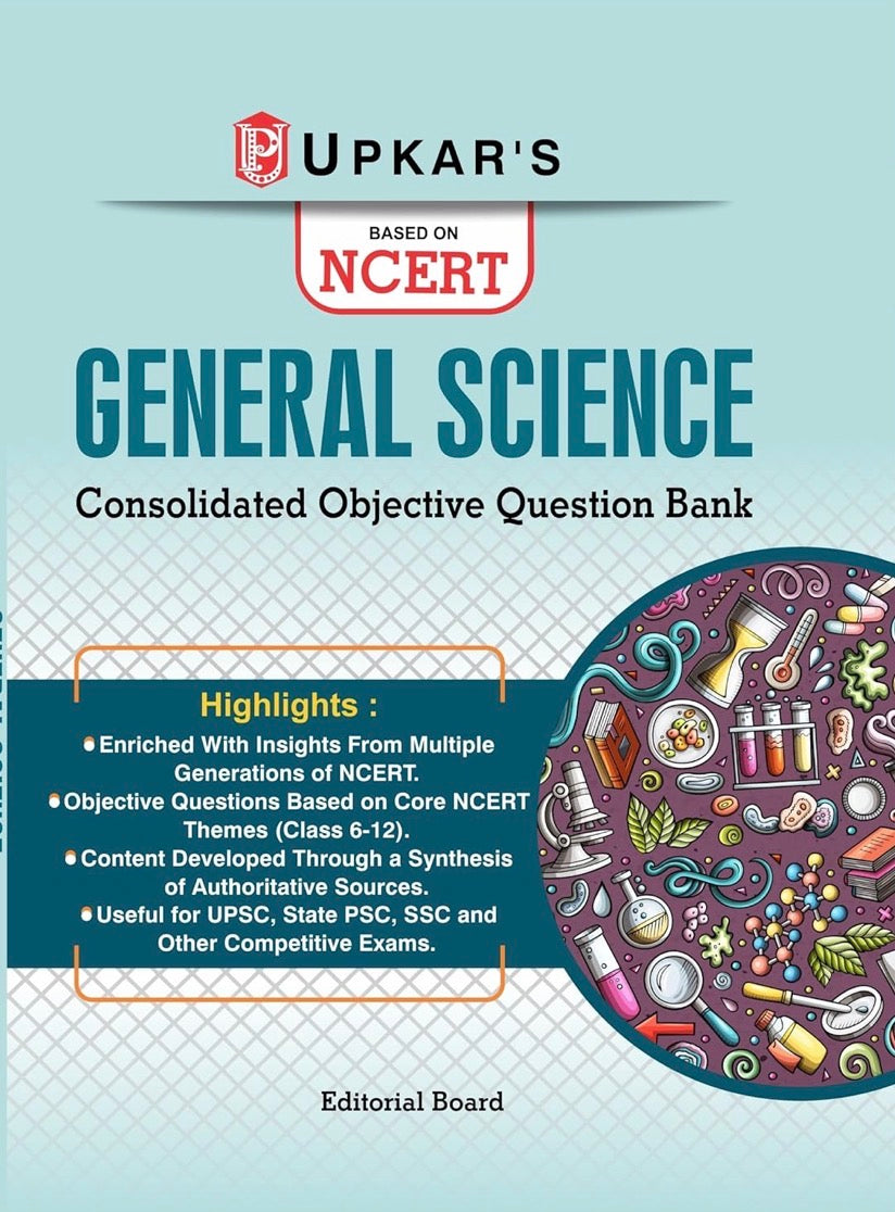 The book cover features the title "GENERAL SCIENCE" in teal text above a "Based on NCERT" badge, accompanied by a circular illustration filled with colorful science doodles like microscopes, beakers, and DNA strands.