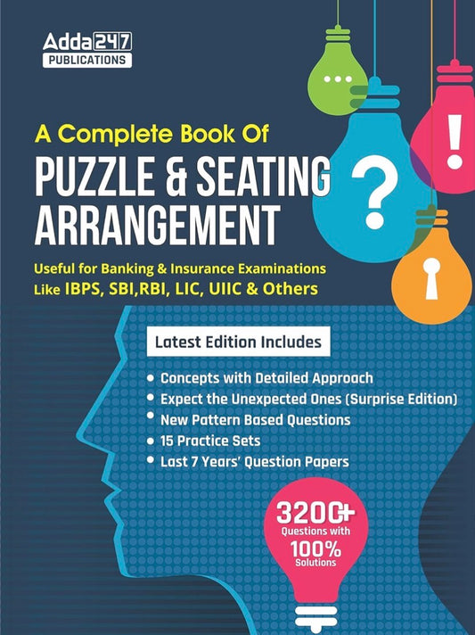 The cover of "A Complete Book of Puzzles & Seating Arrangement" by Adda247, featuring a blue background, colourful lightbulbs, and promising 3200+ questions