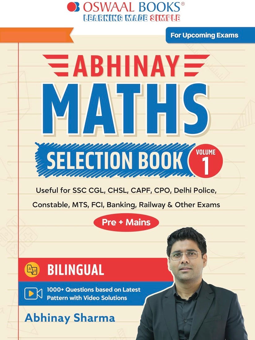 The cover of "Abhinay Maths Selection Book - Vol. 1" by Abhinay Sharma, published by Oswaal Books, featuring the author and promising 1000+ bilingual questions.