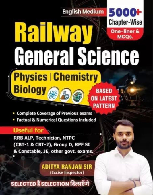 The cover of "Railway General Science" by Aditya Ranjan Sir (English Medium), highlighting 5000+ Chapter Wise MCQs for Physics, Chemistry, and Biology.