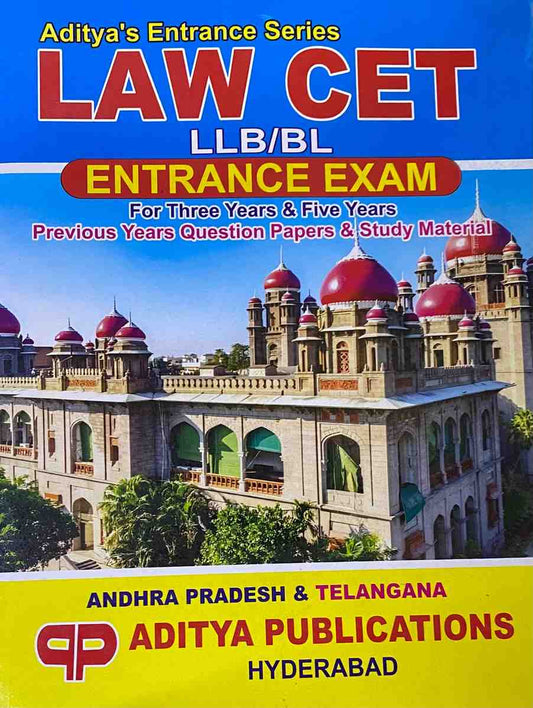 Cover of Aditya's Law CET Entrance Exam book featuring the High Court building, blue and yellow text boxes, and indicating coverage for Andhra Pradesh and Telangana.