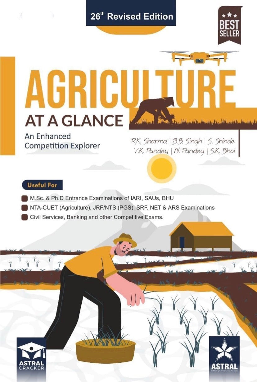 The cover of "Agriculture at a Glance" 25th Revised Edition (2025-26) by R.K. Sharma and B.B. Singh, listing exams like ICAR JRF, SRF, NET, and IBPS-AFO.